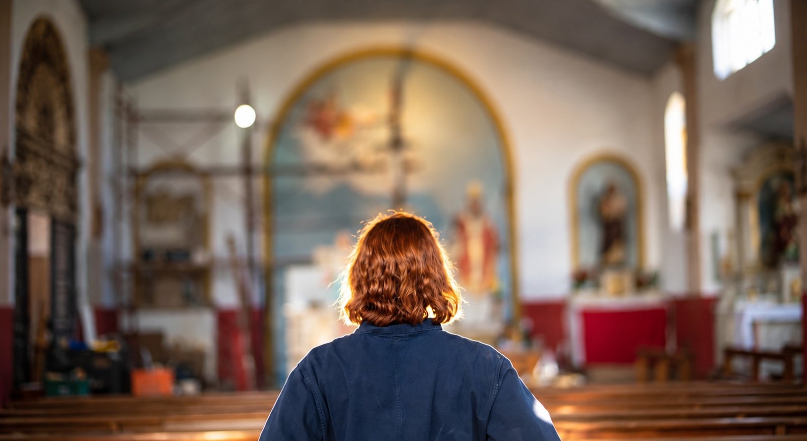 Noelia Zamora de espaldas, frente al altar de una iglesia, con luz cálida sobre su cabello